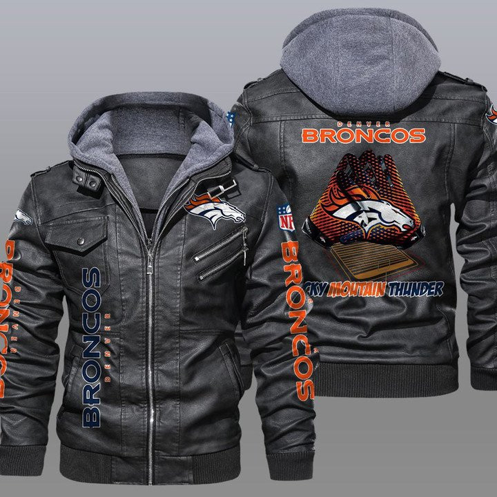 Denver Broncos Premium & Ultra-Thick Leather Jacket with Fleece Hood 10