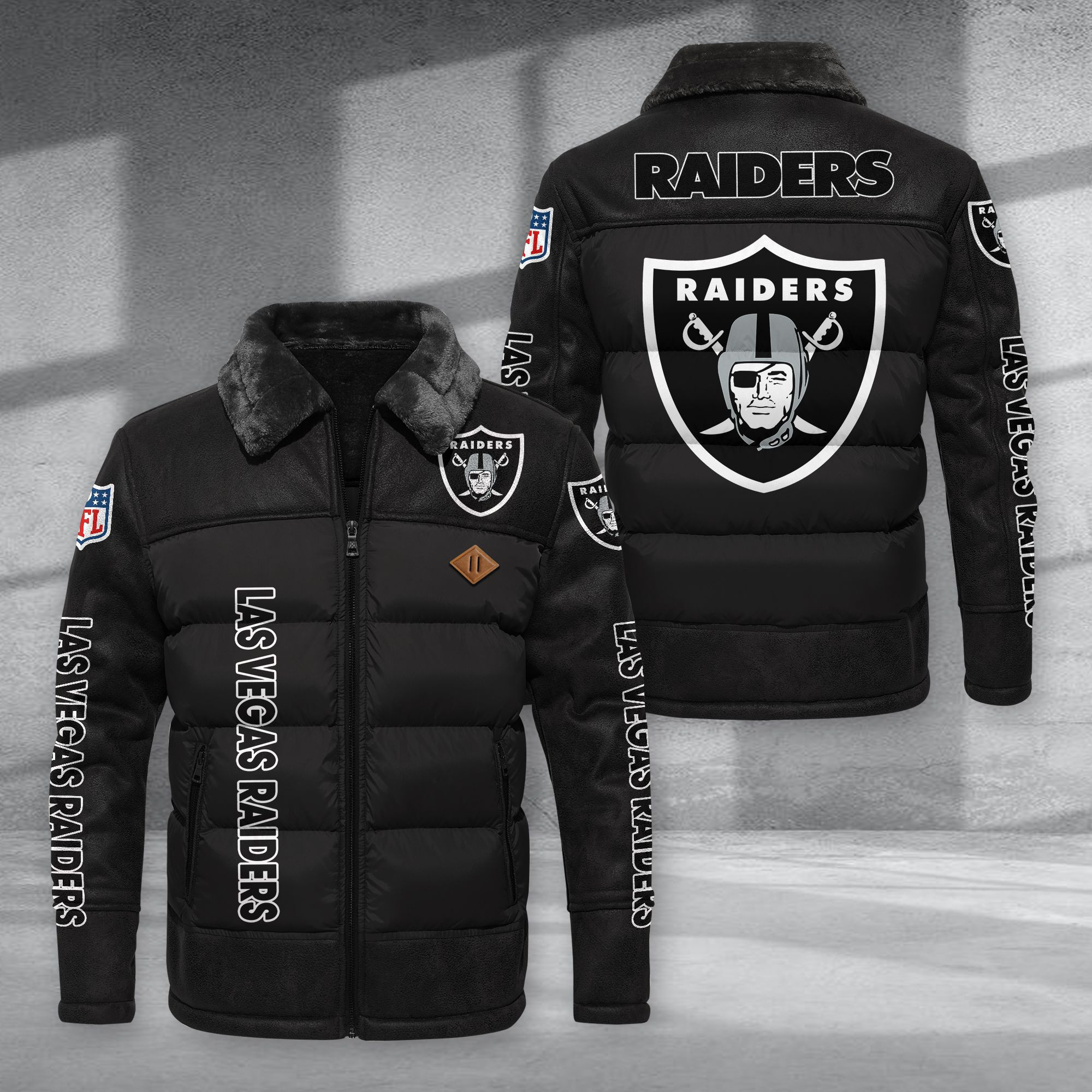 Las Vegas Raiders Fur Collar Leather-Look Puffer Jacket PURJD018