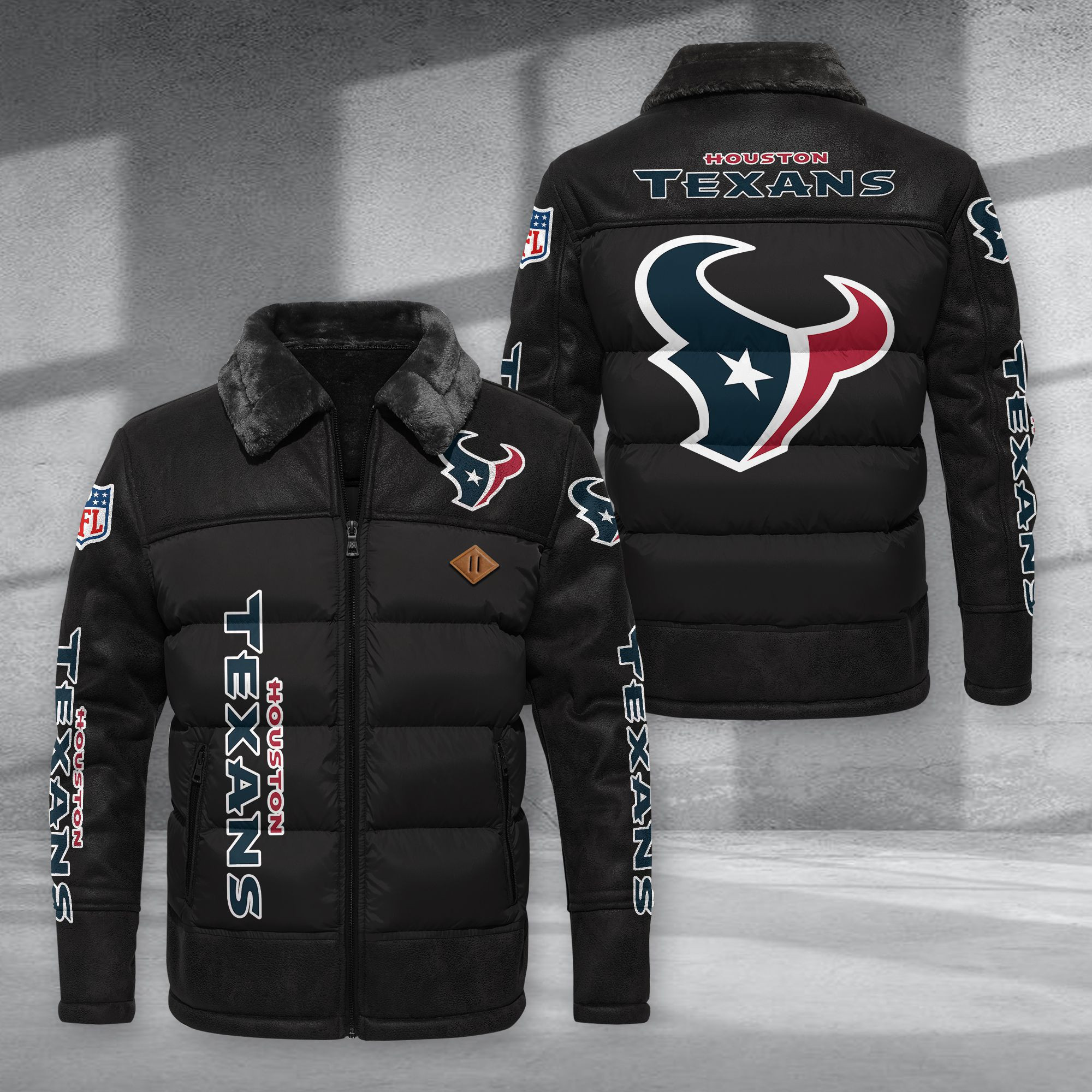 Houston Texans Fur Collar Leather-Look Puffer Jacket PURJD014