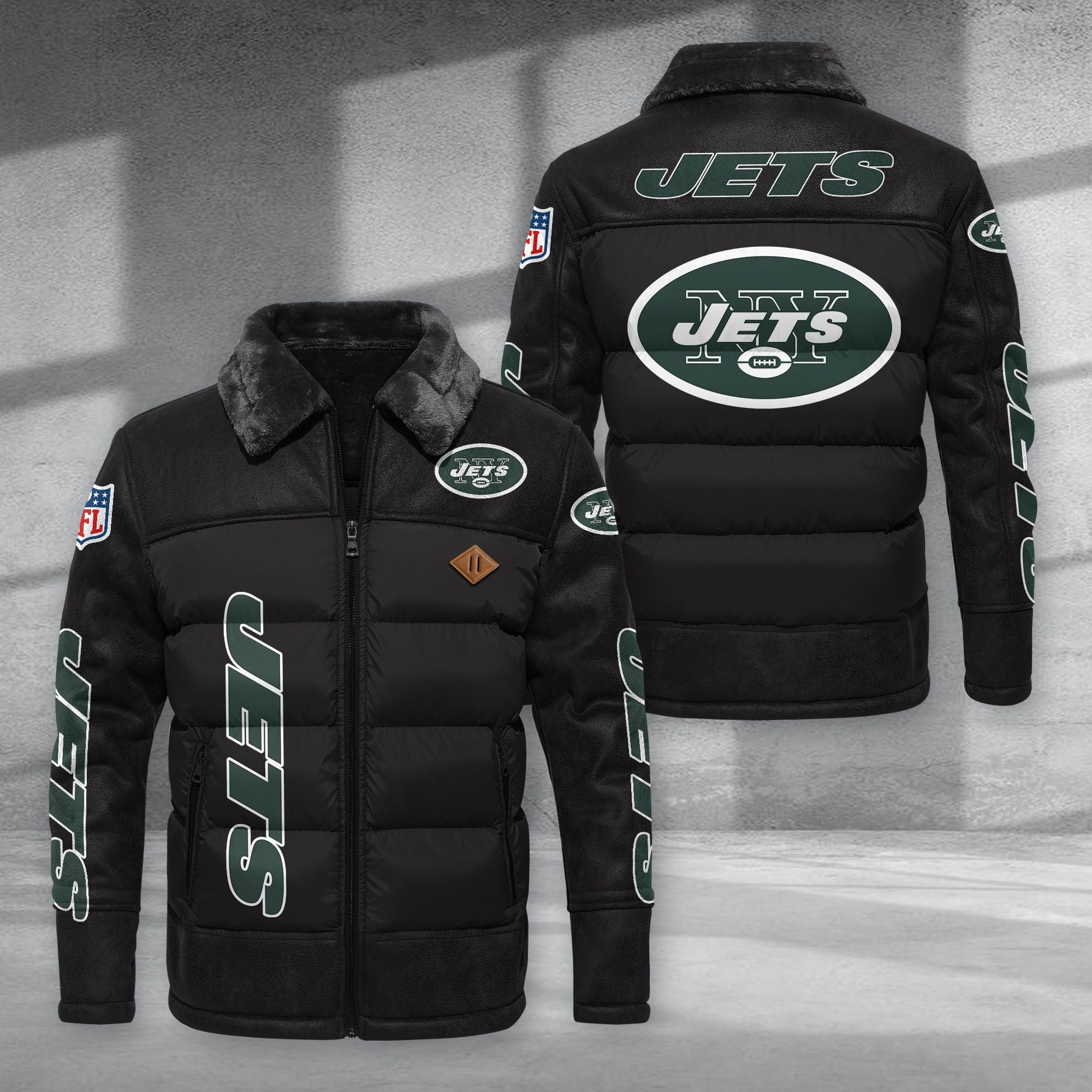 New York Jets Fur Collar Leather-Look Puffer Jacket PURJD026