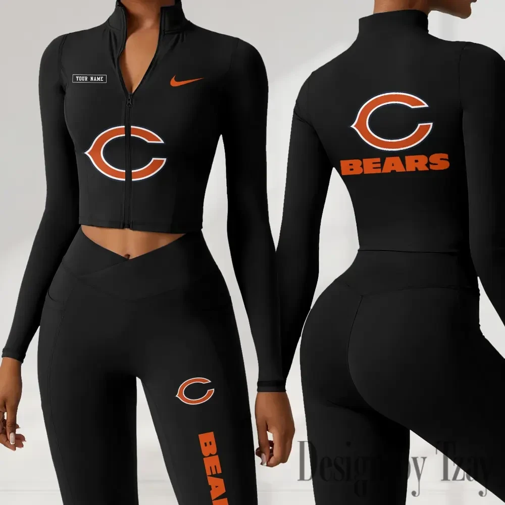 Chicago Bears Women Activewear Set 2 Piece Crop Jacket and High Waist Leggings SPTZSTW268