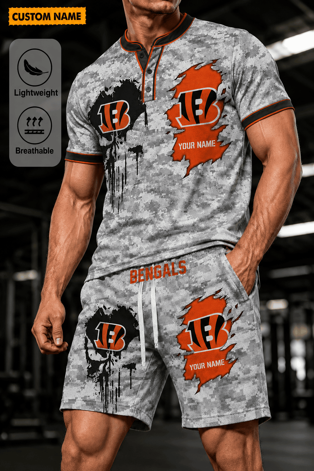 Cincinnati Bengals Men’s Button Neck T-Shirt and Short Set New Design 2026 Shirt And Short BSP945