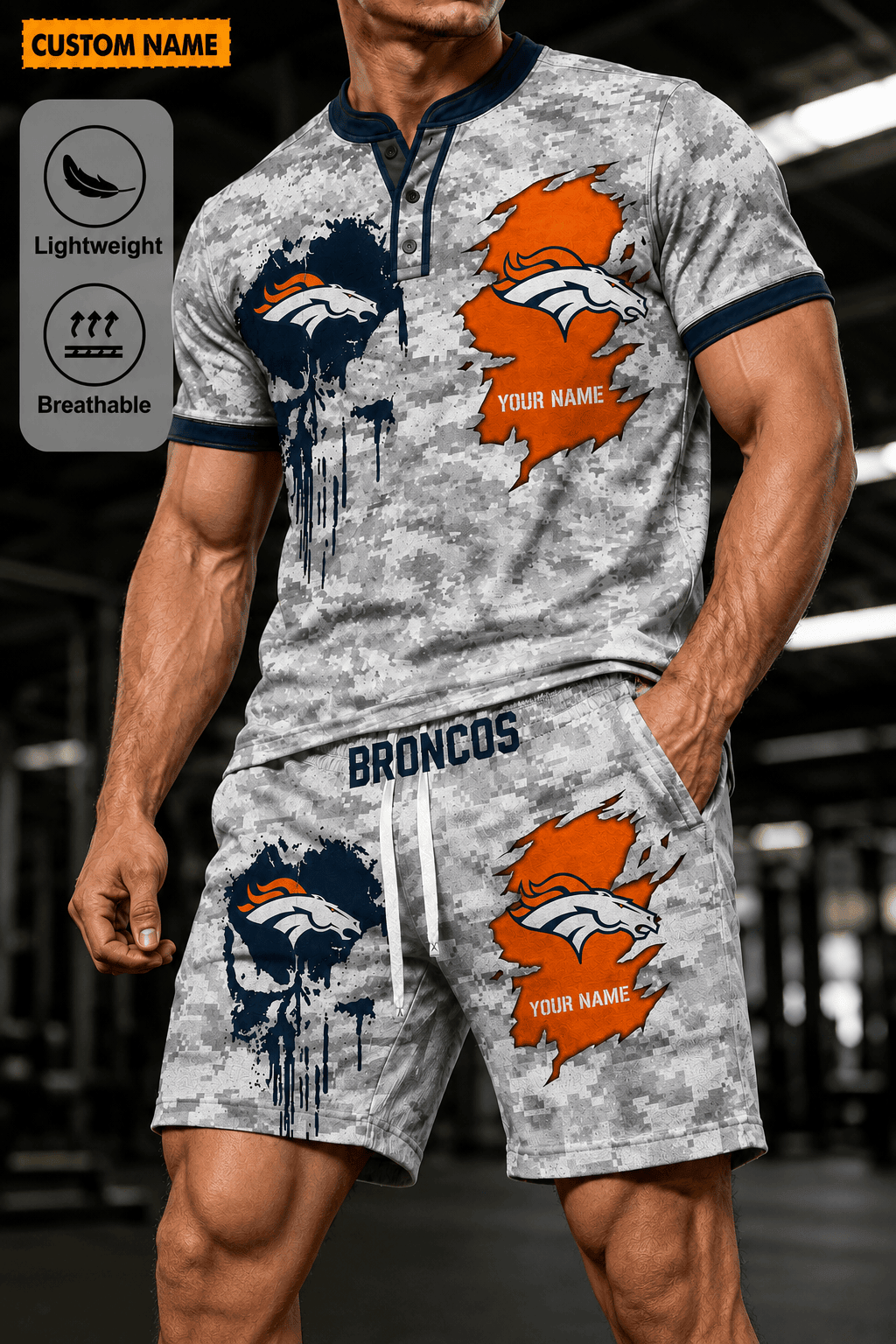 Denver Broncos Men’s Button Neck T-Shirt and Short Set New Design 2026 Shirt And Short BSP930