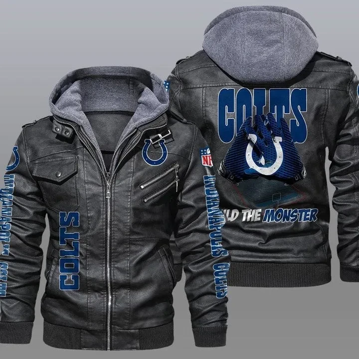Indianapolis Colts Premium & Ultra-Thick Leather Jacket with Fleece Hood 14