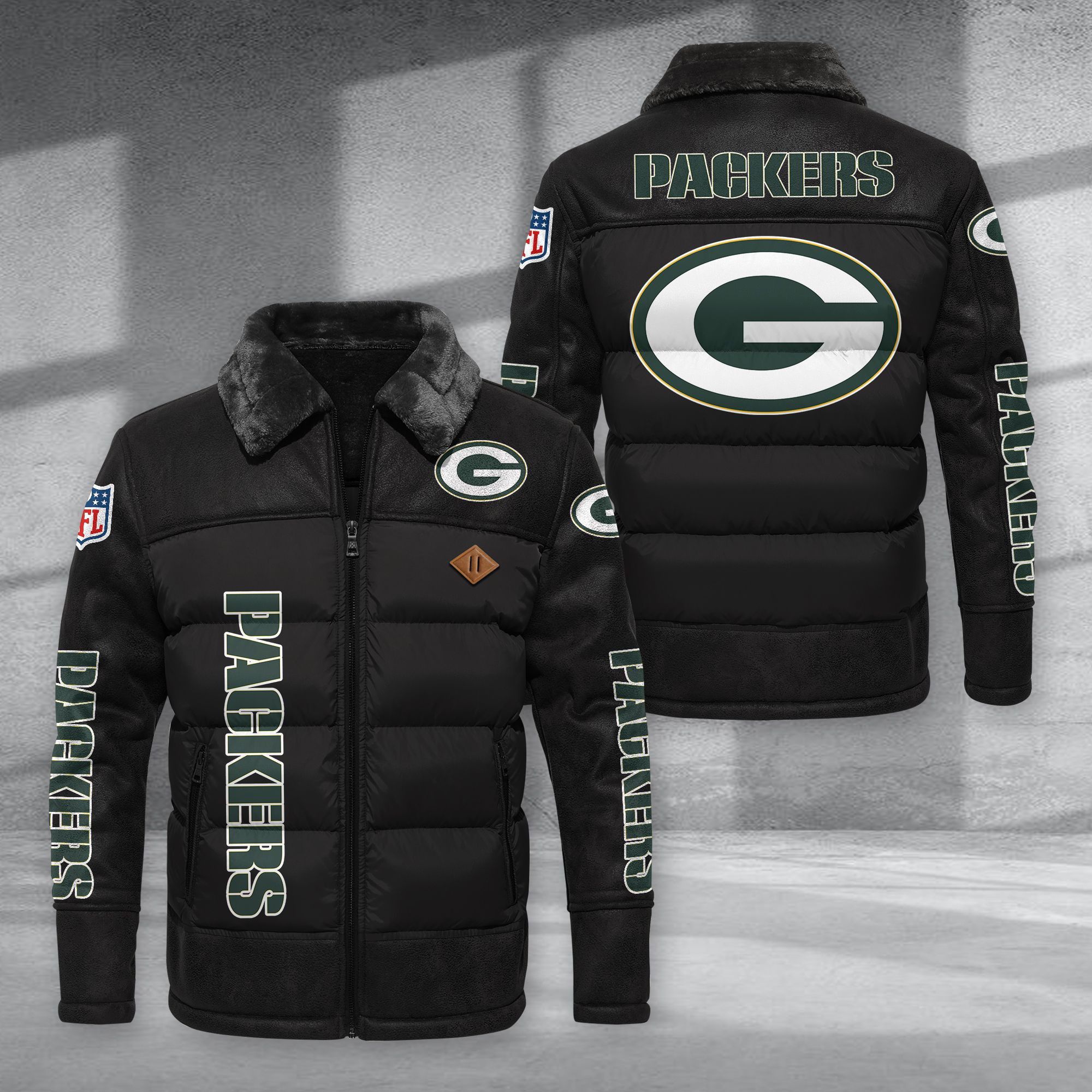 Green Bay Packers Fur Collar Leather-Look Puffer Jacket PURJD013