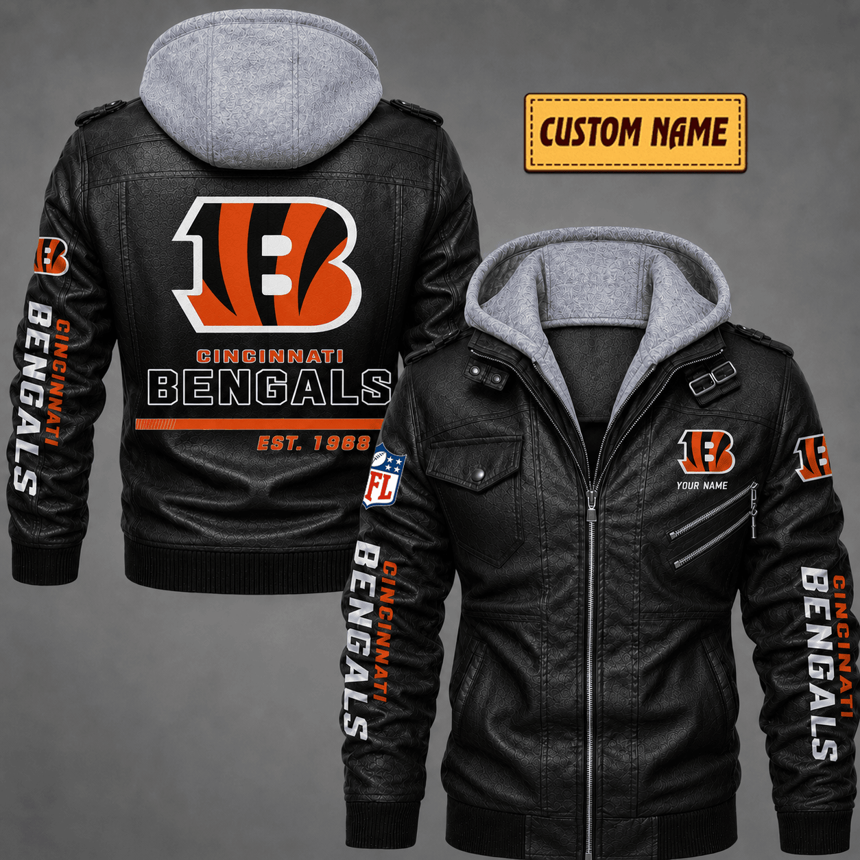 Premium & Ultra-Thick Leather Jacket with Fleece Hood - Cincinnati Bengals VA2113