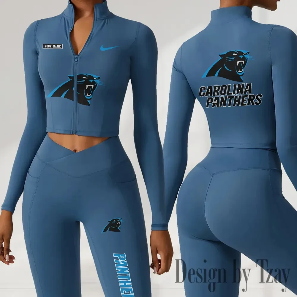 Carolina Panthers Women Activewear Set 2 Piece Crop Jacket and High Waist Leggings SPTZSTW267