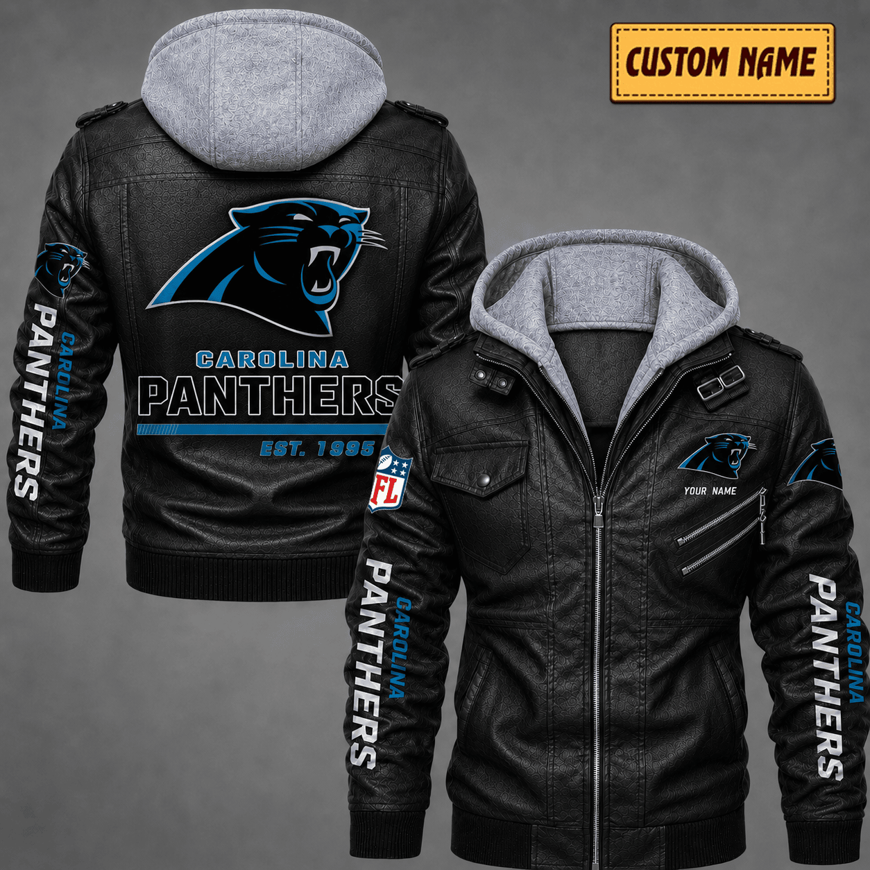 Premium & Ultra-Thick Leather Jacket with Fleece Hood - Carolina Panthers VA2132