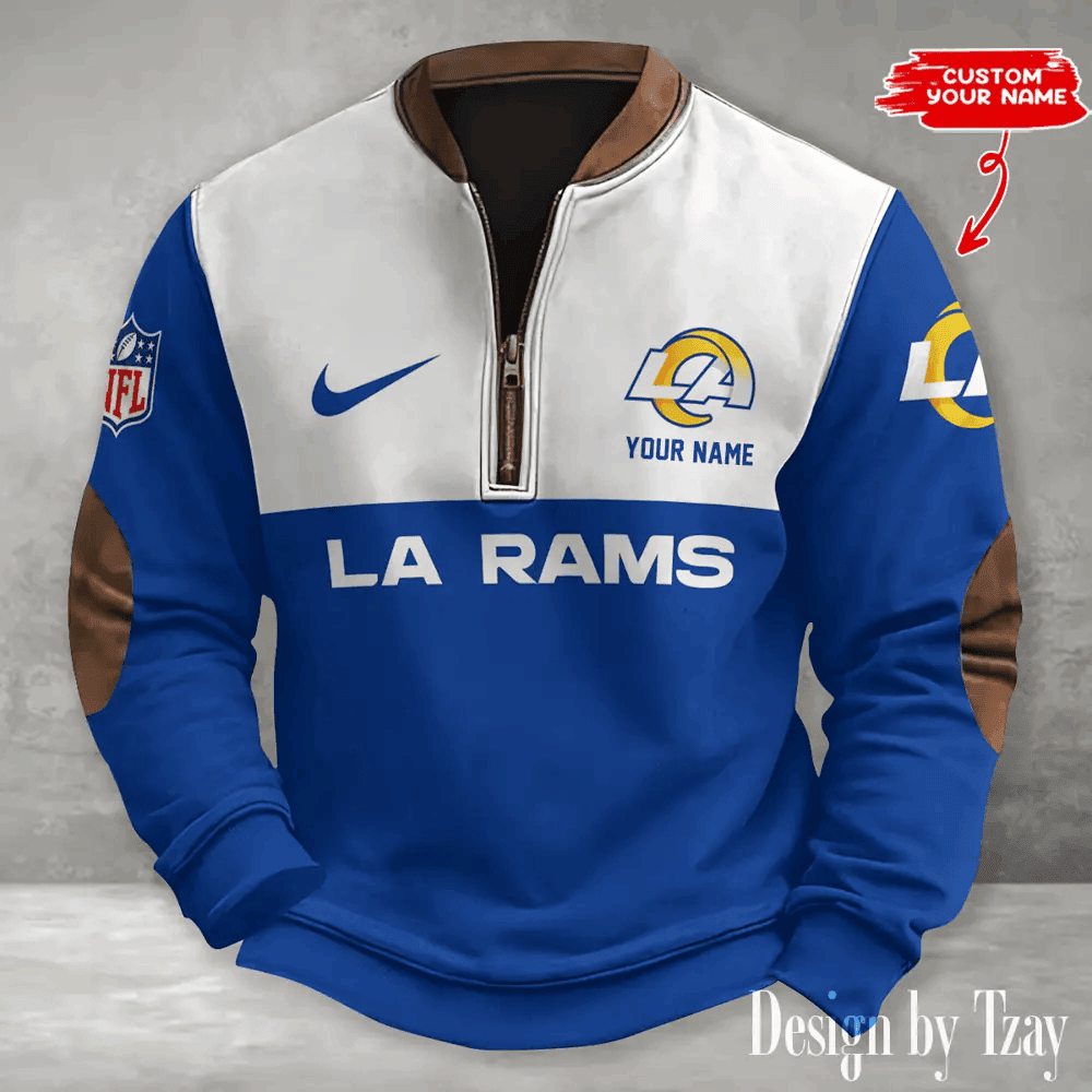 S9MPZNS128-Los Angeles Rams Premium Personalized Game-Day Quarter-Zip