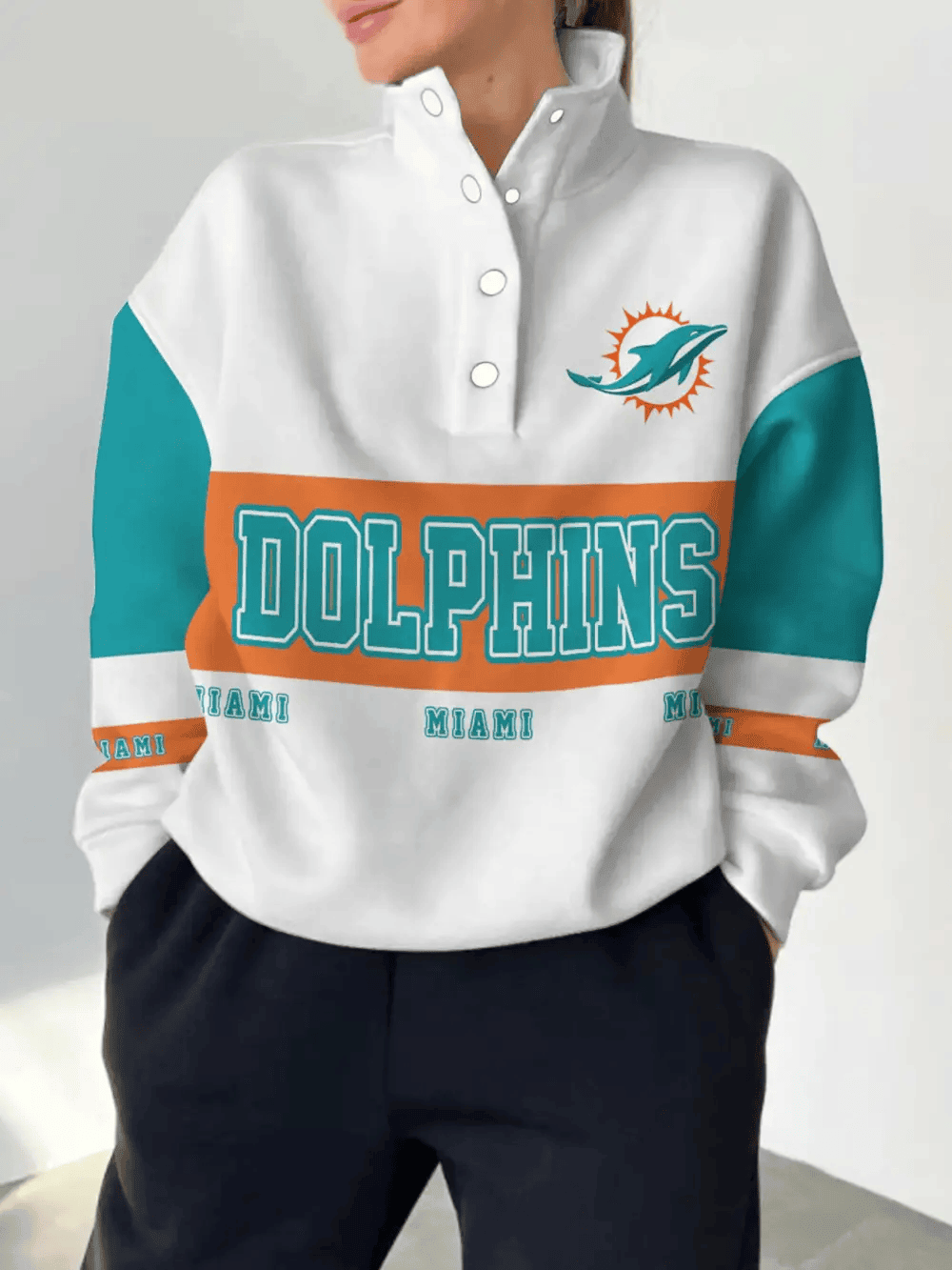 Miami Dolphins New Design Casual Snap Mockneck Pullover Sweatshirt SPTCSMPS062