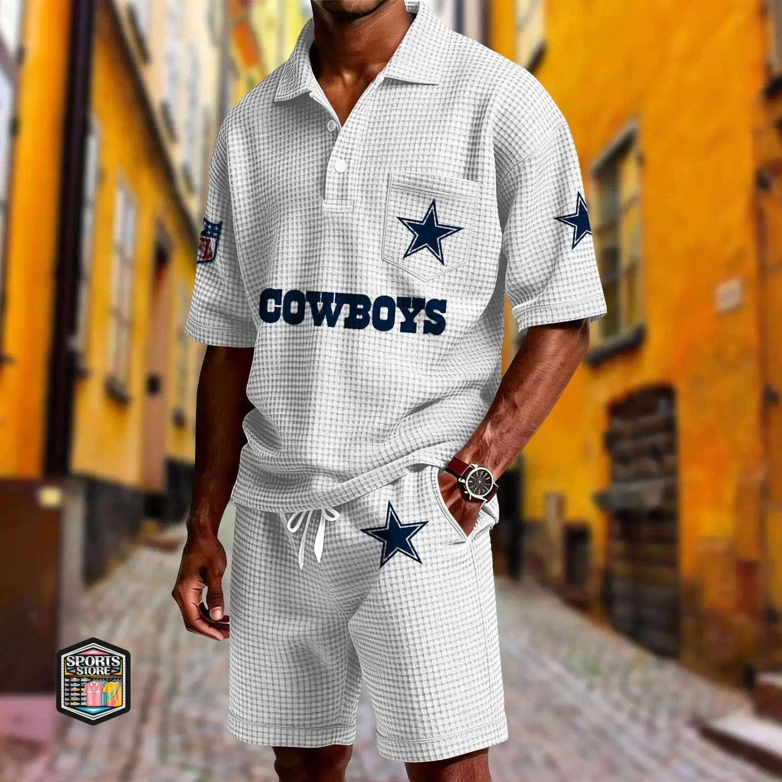Dallas Cowboys Waffle Button Polo Shirt And Shorts SPTWFLBLS653