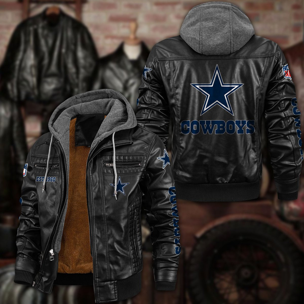 Premium & Ultra-Thick Leather Jacket with Fleece Hood - Dallas Cowboys PHVKC009