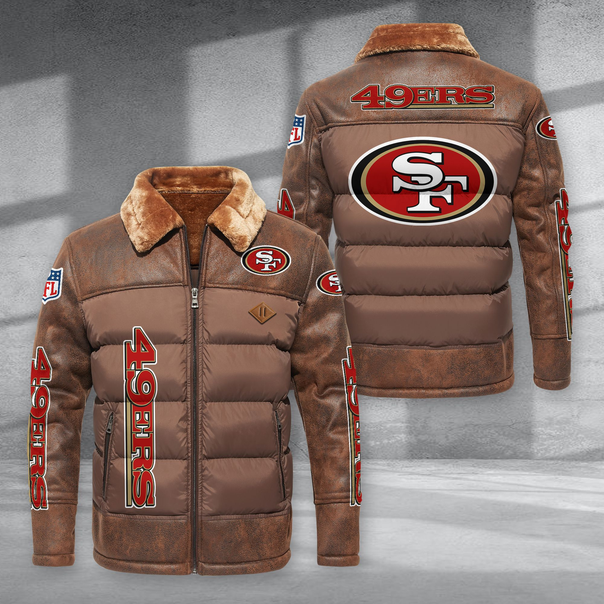 San Francisco 49ers Fur Collar Leather-Look Puffer Jacket PURJD029