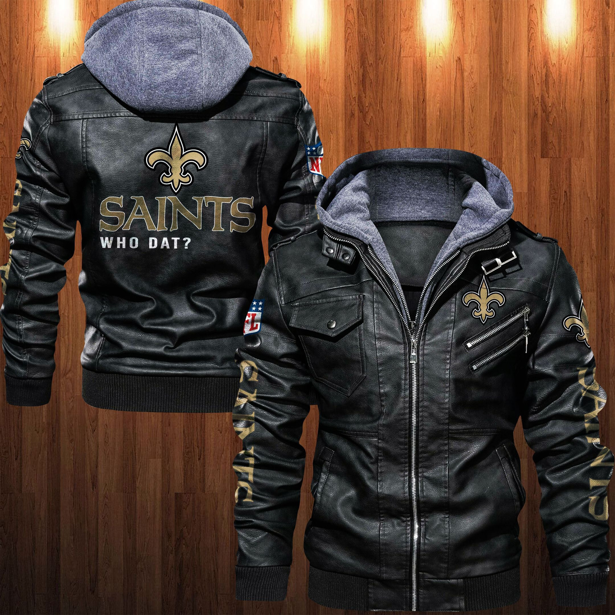 New Orleans Saints HVKC1254 - Premium & Ultra-Thick Leather Jacket with Fleece Hood