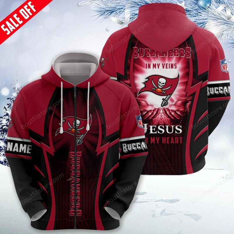 NFL Tampa Bay Buccaneers In My Veins Jesus In My Heart (Your Name) Zip Hoodie 3D Nicegift 3ZHT8M7