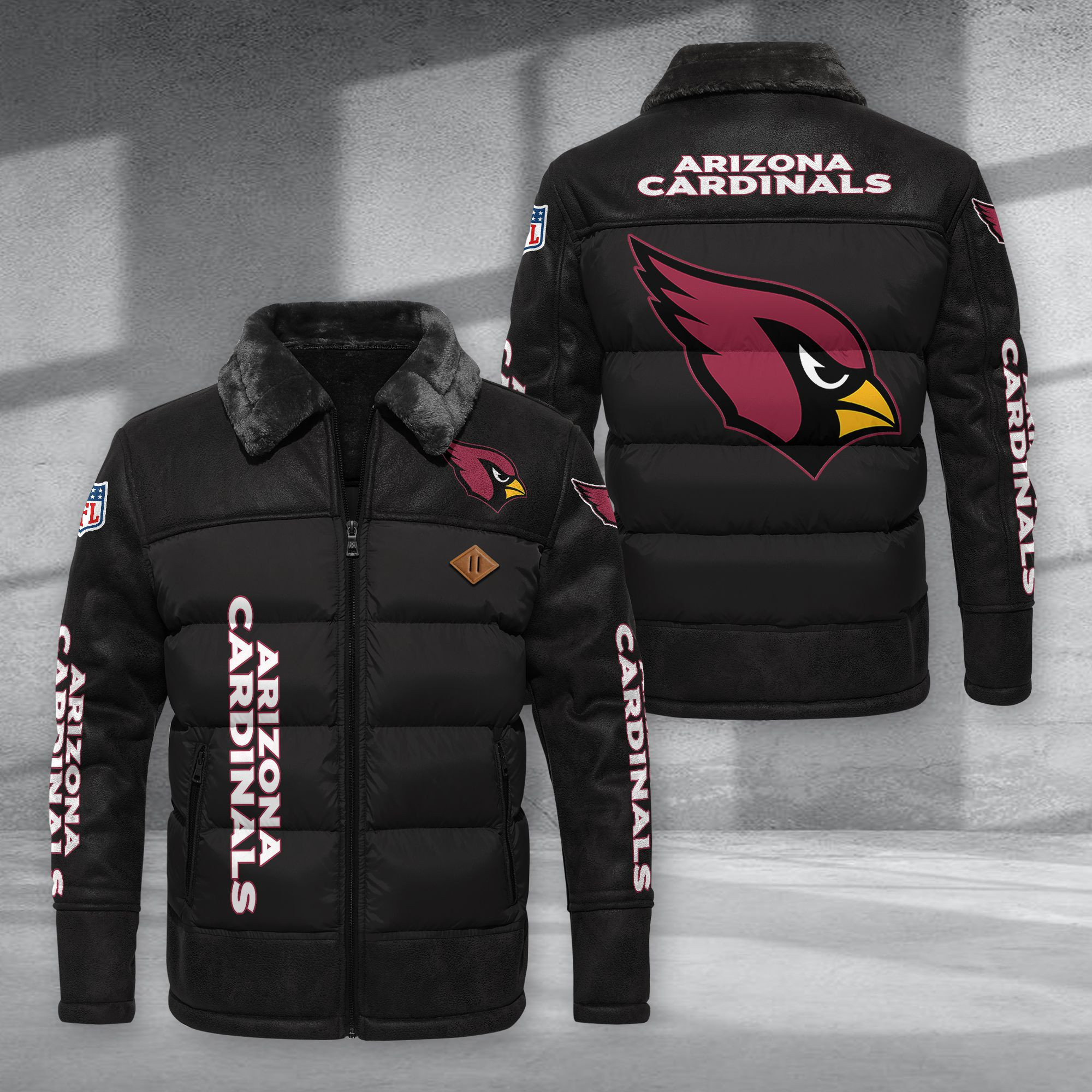 Arizona Cardinals Fur Collar Leather-Look Puffer Jacket PURJD002