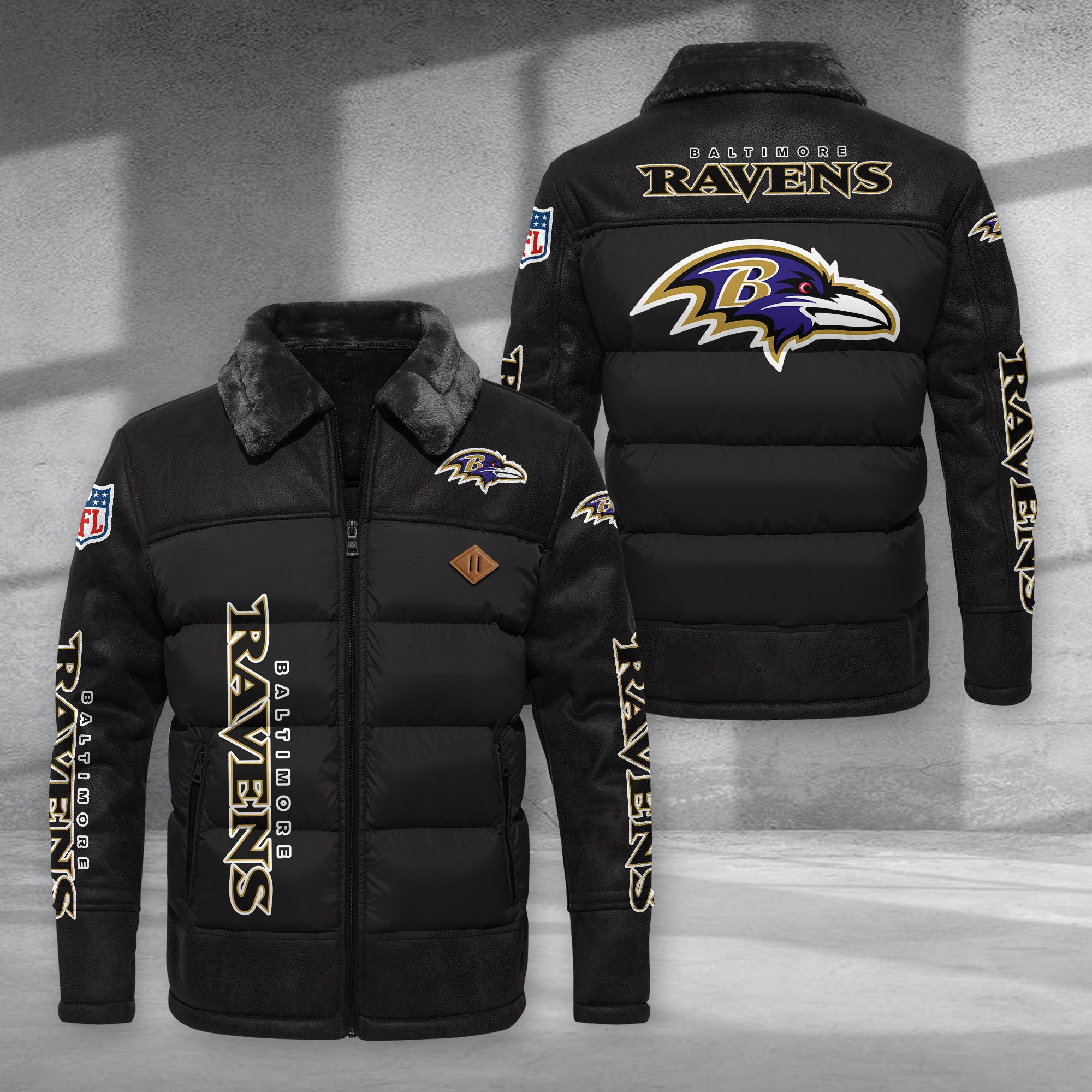 Baltimore Ravens Fur Collar Leather-Look Puffer Jacket PURJD004