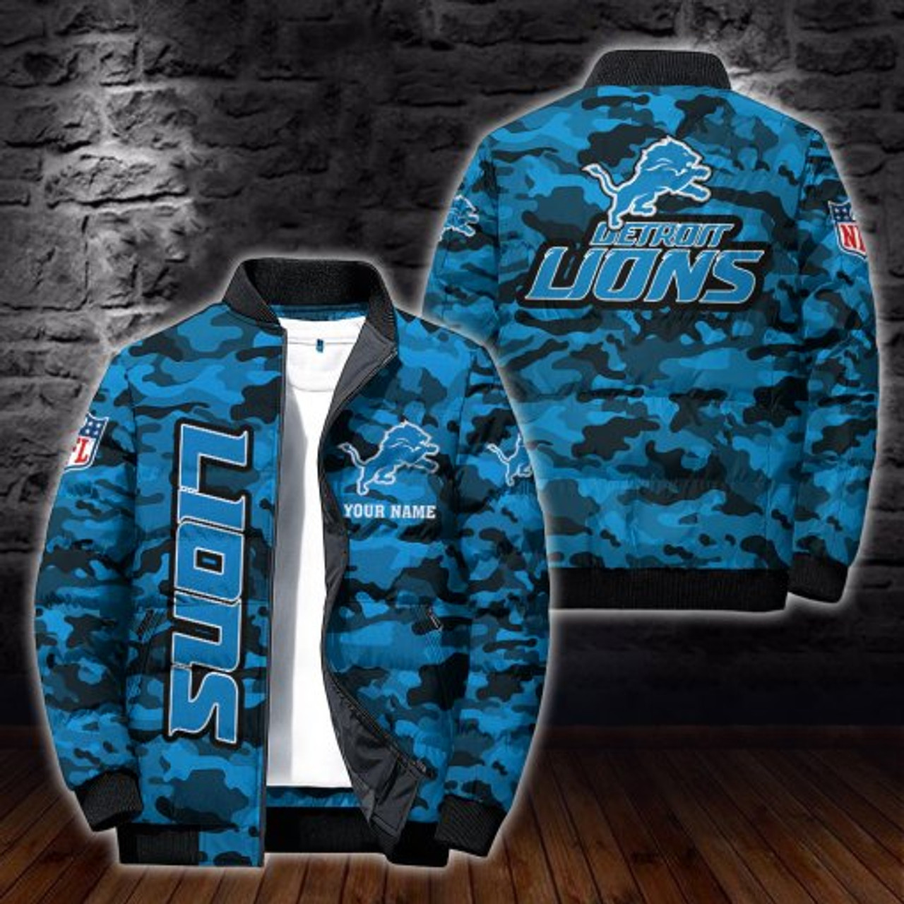 N.F.L.DETRIOT-LIONS-TEAM-SPORT-CAMO.PUFFER-JACKETS JH989