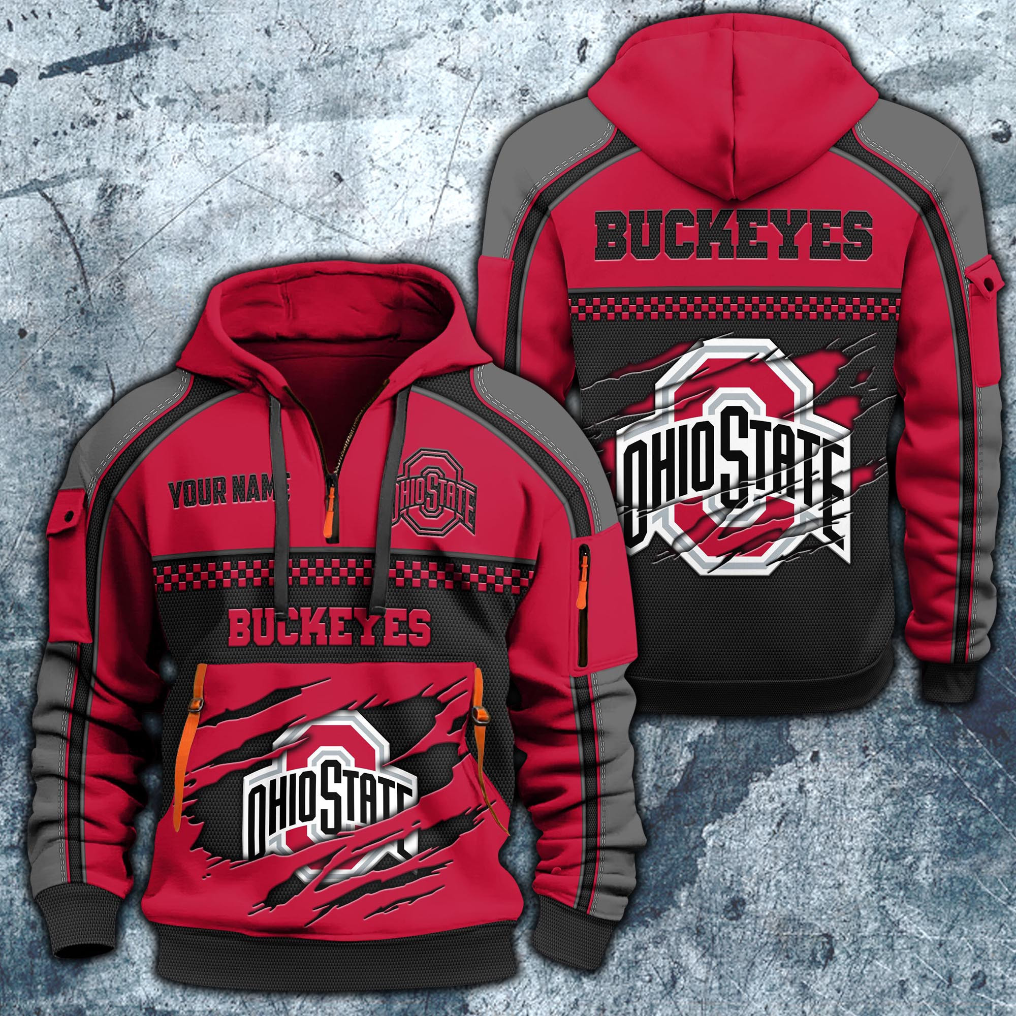 Ohio State Buckeyes Hoodie Half Zipper Custom Your Name, Sports 3D Half-zip Hoodie EHIVM-07092718