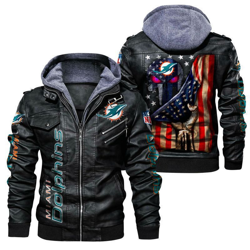 Miami Dolphins HVKC167 - Premium & Ultra-Thick Leather Jacket with Fleece Hood