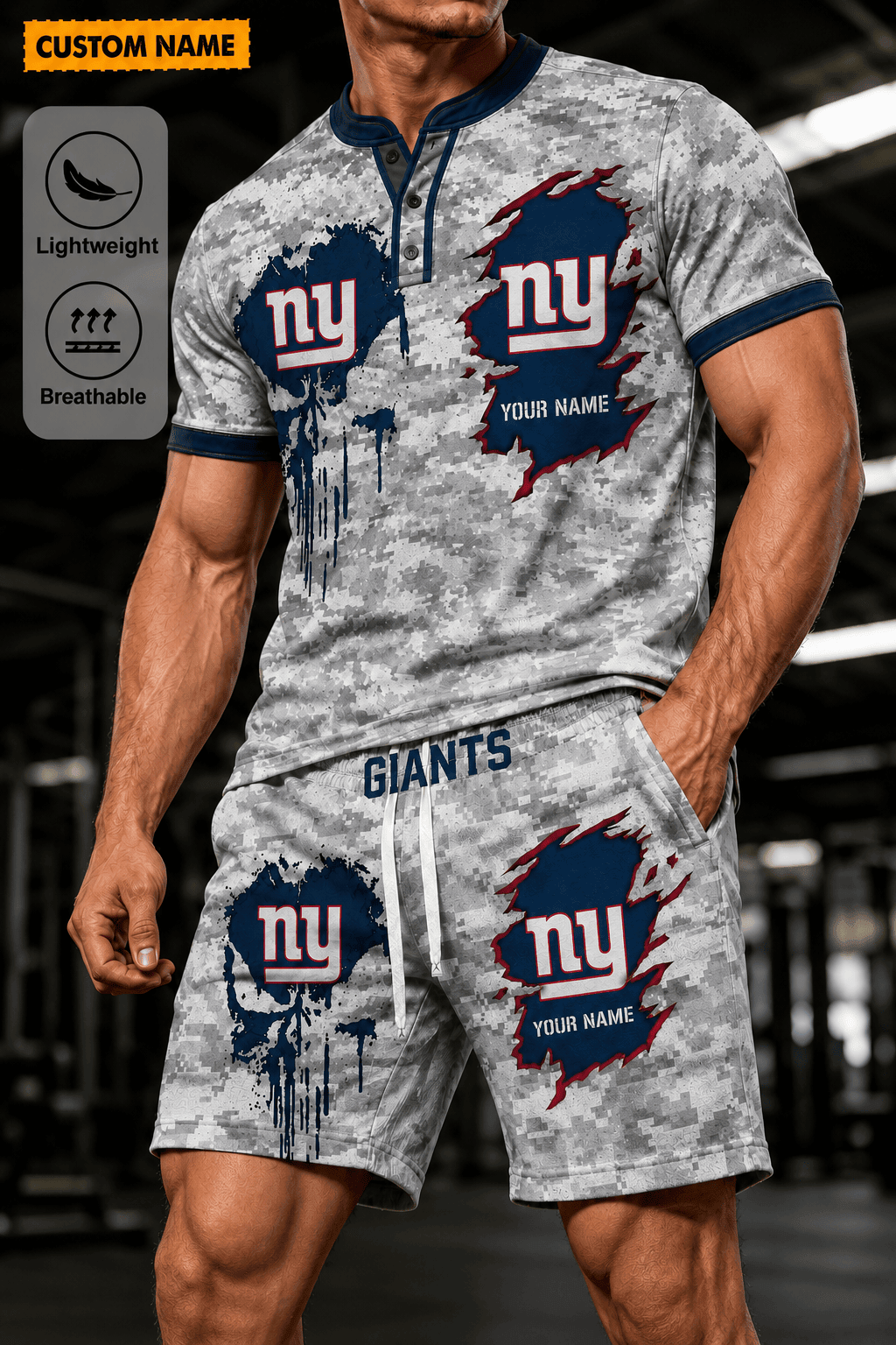 New York Giants Men’s Button Neck T-Shirt and Short Set New Design 2026 Shirt And Short BSP931