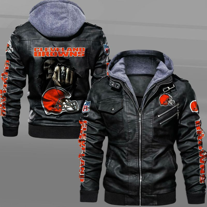Cleveland Browns HVKC1646 - Premium & Ultra-Thick Leather Jacket with Fleece Hood