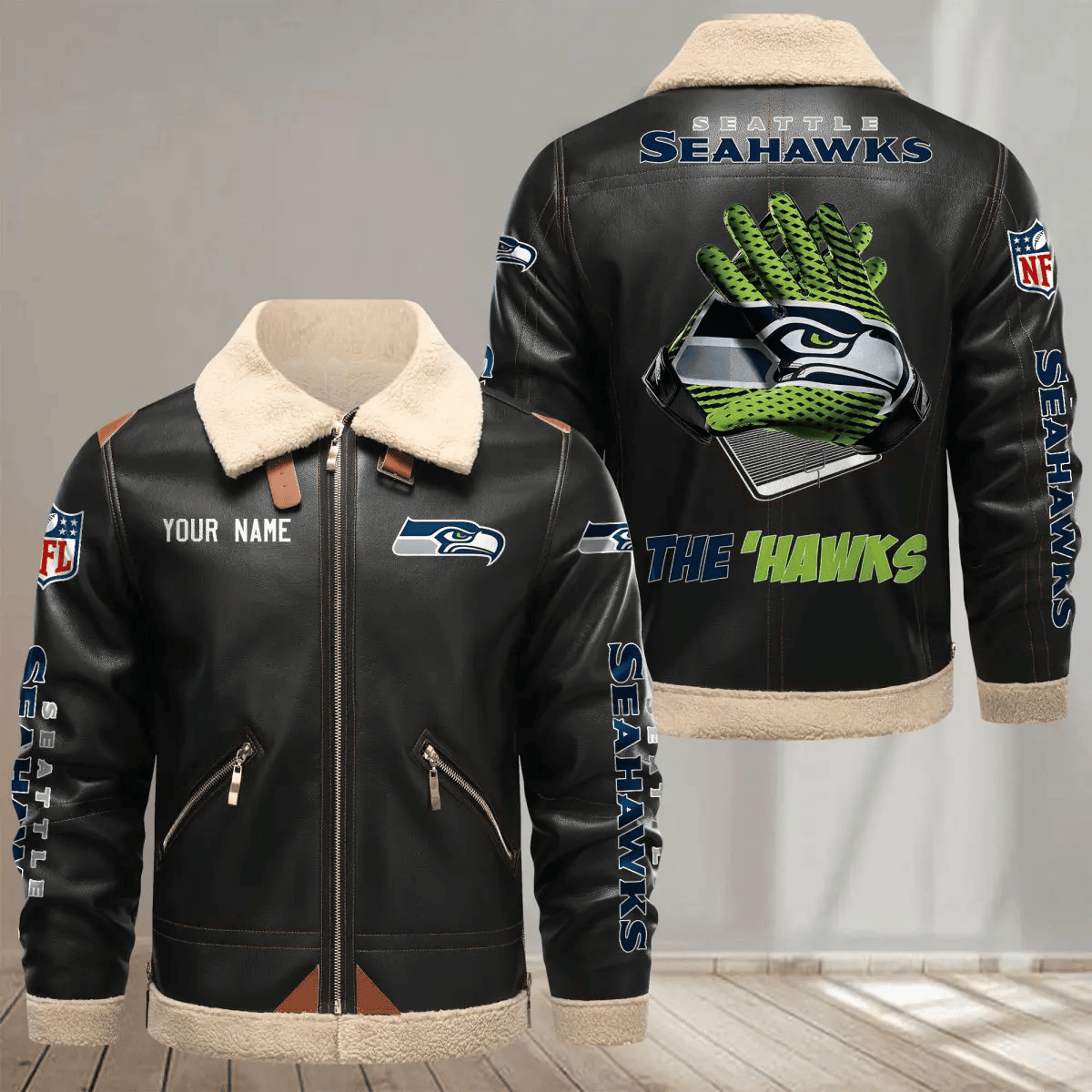 S9FLJ061-Seattle Seahawks Custom Fleece Leather Jacket