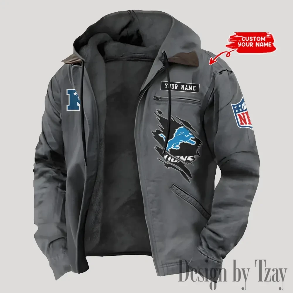 Detroit Lions Men's Casual Padded Jacket Hooded Trending 2026 SPTPJH140