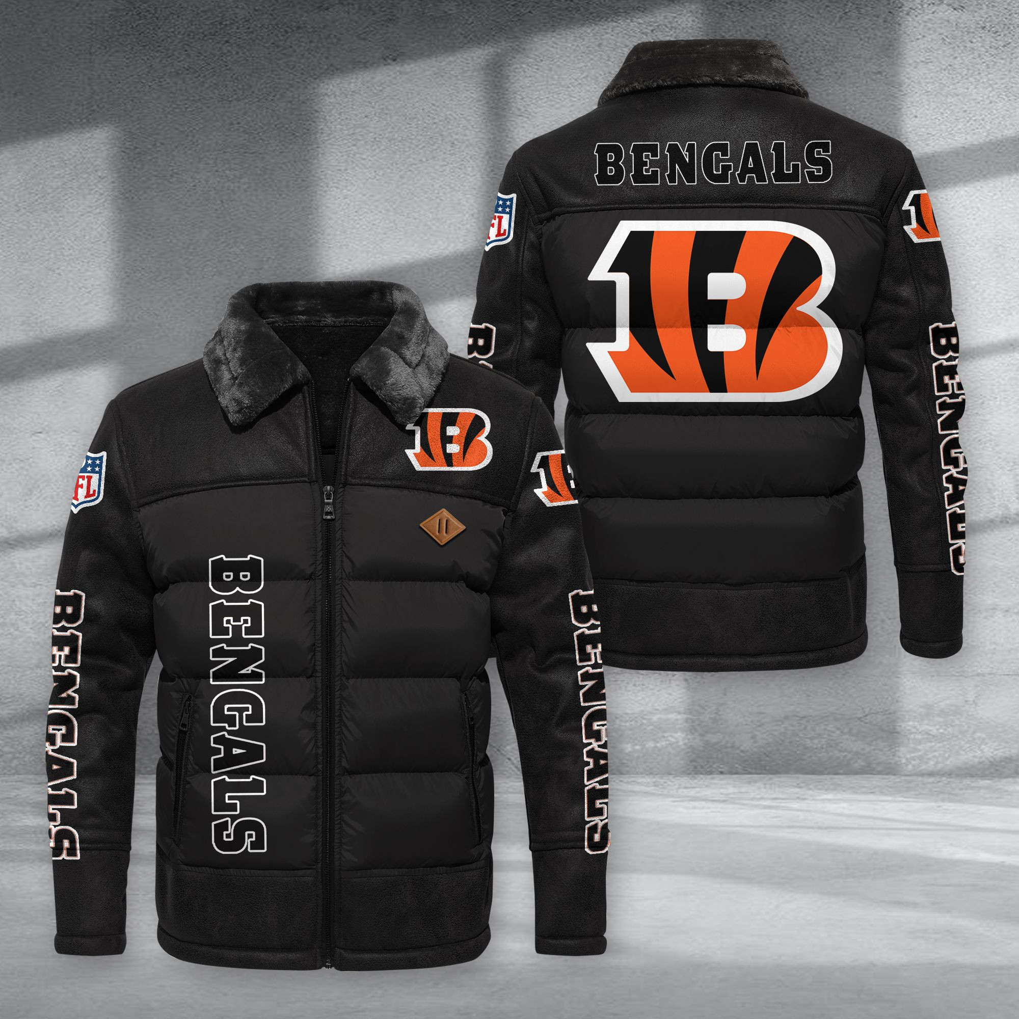 Cincinnati Bengals Fur Collar Leather-Look Puffer Jacket PURJD008