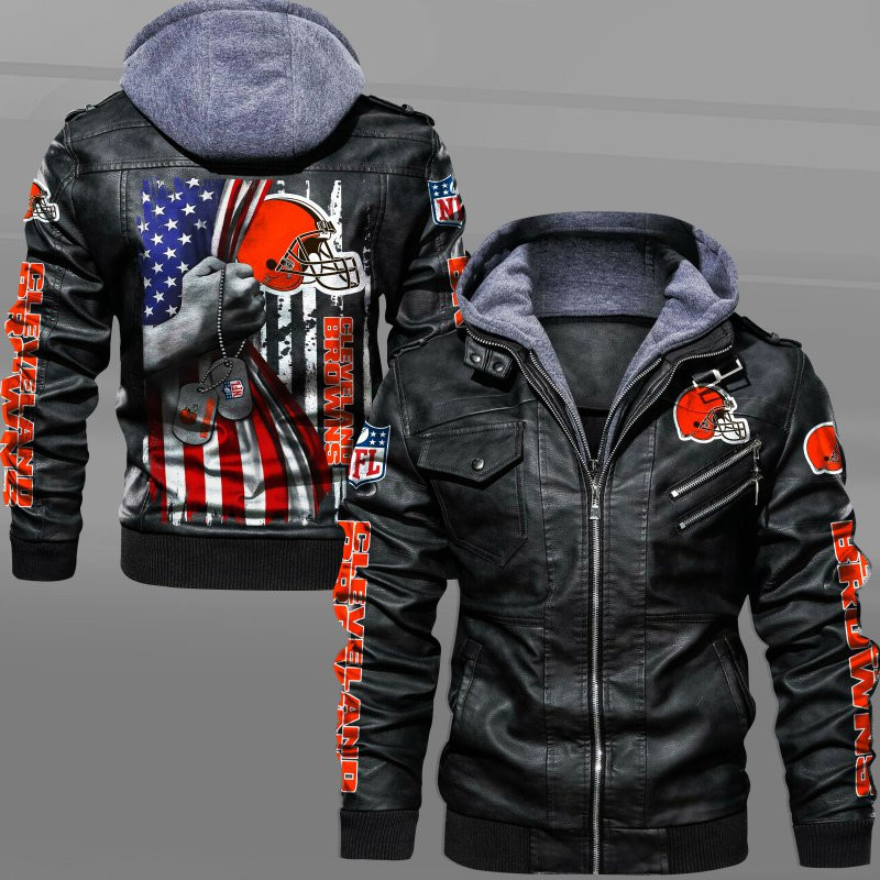 Cleveland Browns HVKC7056 - Premium & Ultra-Thick Leather Jacket with Fleece Hood