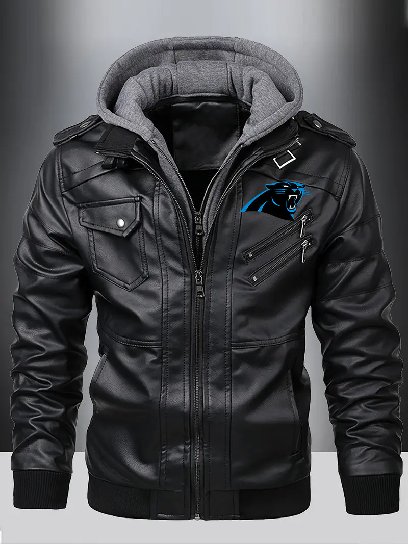 Carolina Panthers Premium & Ultra-Thick Leather Jacket with Fleece Hood with Fleece Hood HVKC956 - Premium & Ultra-Thick Leather Jacket with Fleece Hood