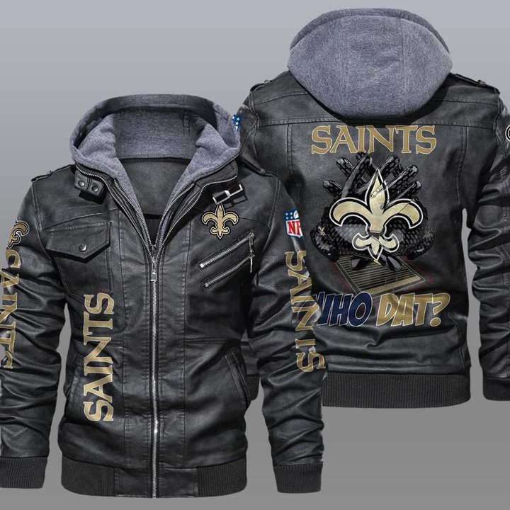 New Orleans Saints Premium & Ultra-Thick Leather Jacket with Fleece Hood 23