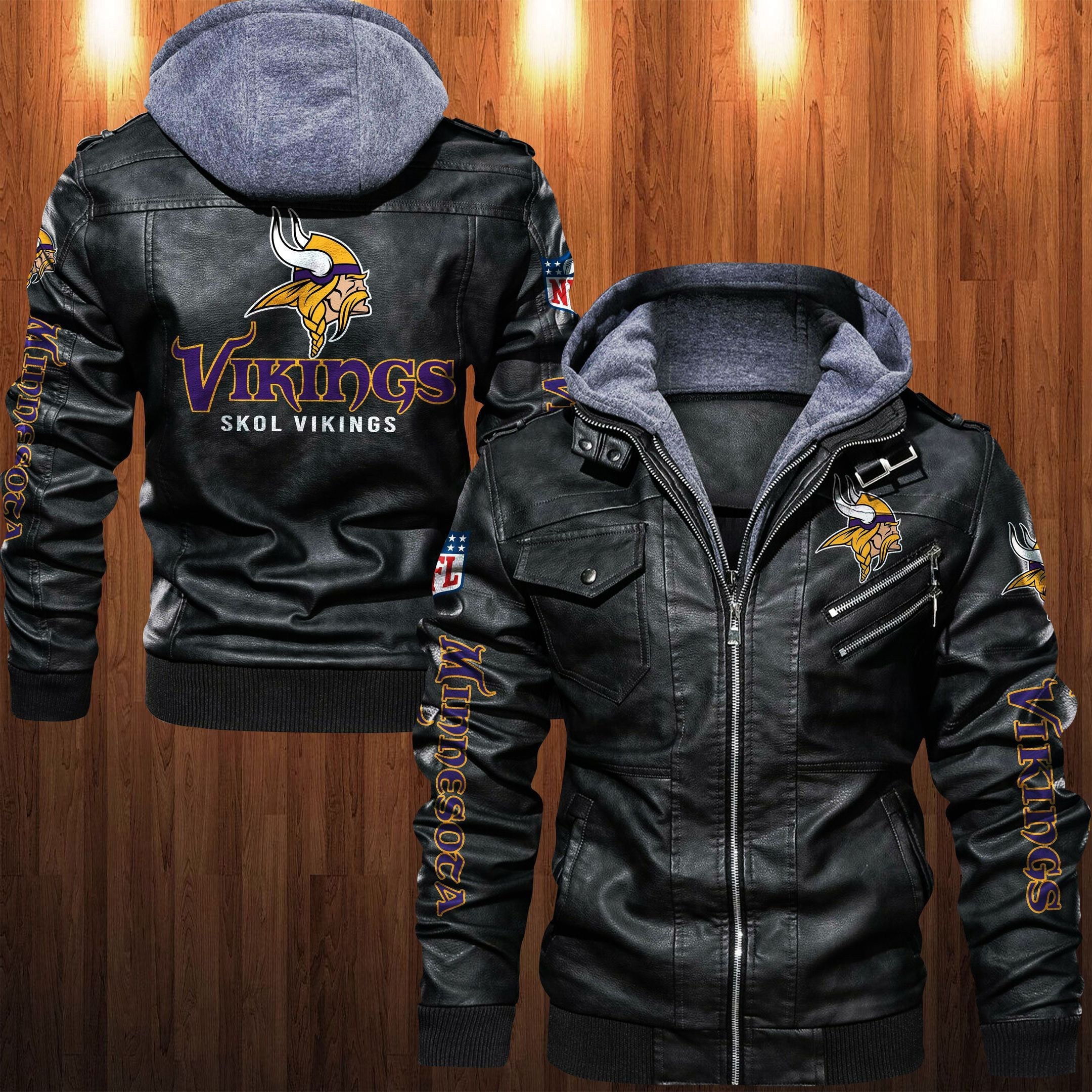 Minnesota Vikings HVKC1253 - Premium & Ultra-Thick Leather Jacket with Fleece Hood