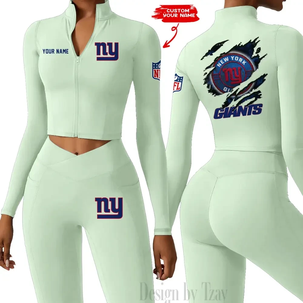 New York Giants Women Activewear Set 2 Piece Crop Jacket and High Waist Leggings SPTZSTW254