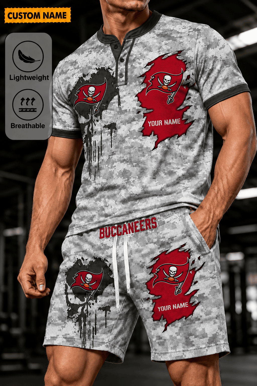 Tampa Bay Buccaneers Men’s Button Neck T-Shirt and Short Set New Design 2026 Shirt And Short BSP937