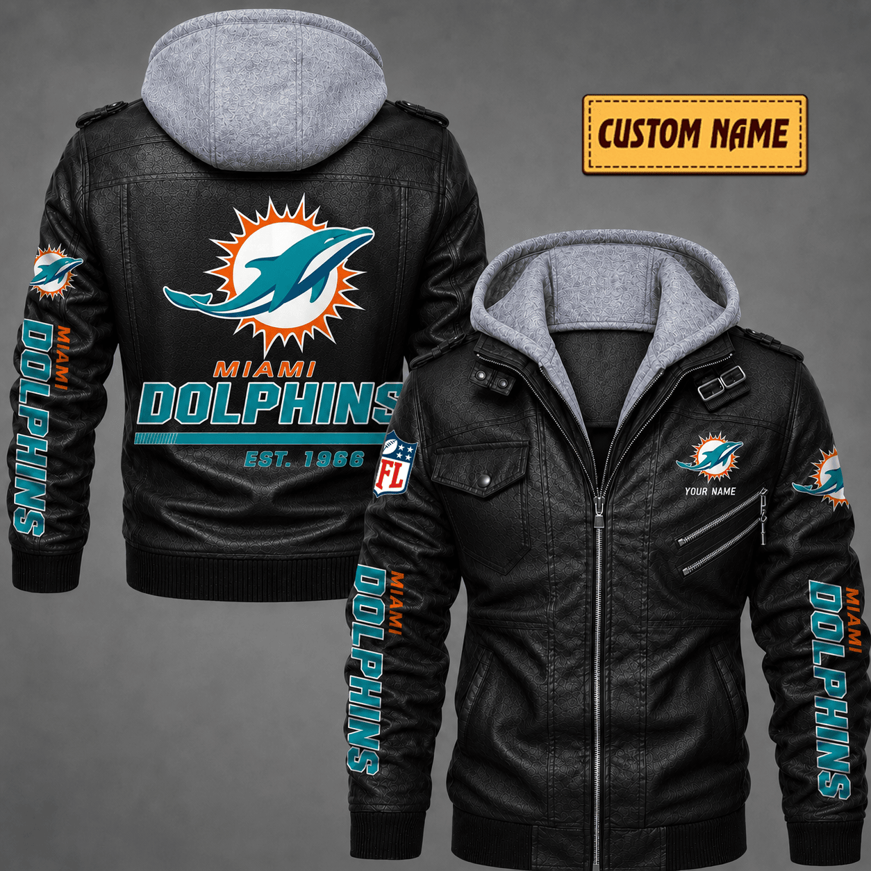 Premium & Ultra-Thick Leather Jacket with Fleece Hood - Miami Dolphins VA2109