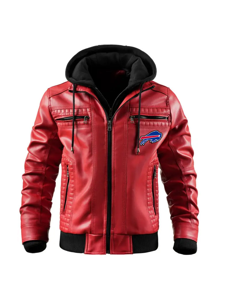 Premium & Ultra-Thick Leather Jacket with Fleece Hood Buffalo Bills VATY828