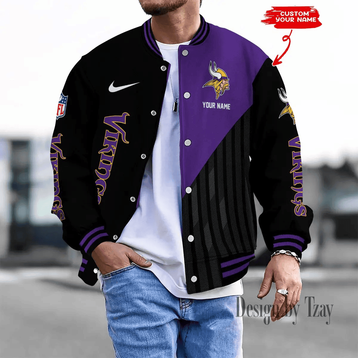 SPTBBJACKET117-Minnesota Vikings Personalized New Baseball Jacket Gifts For Fan