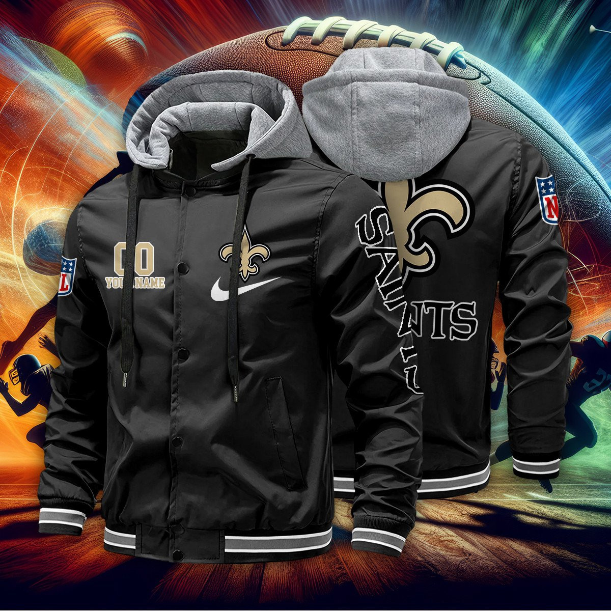 New Orleans Saints Baseball Jacket With Detachable Hood AZBJDH040