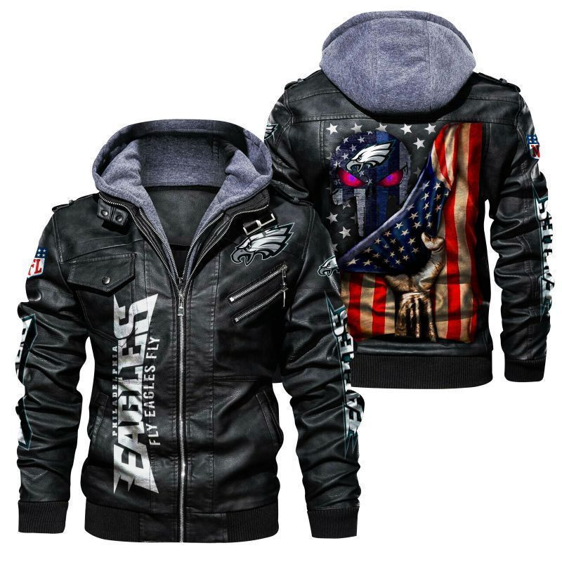Philadelphia Eagles HVKC174 - Premium & Ultra-Thick Leather Jacket with Fleece Hood