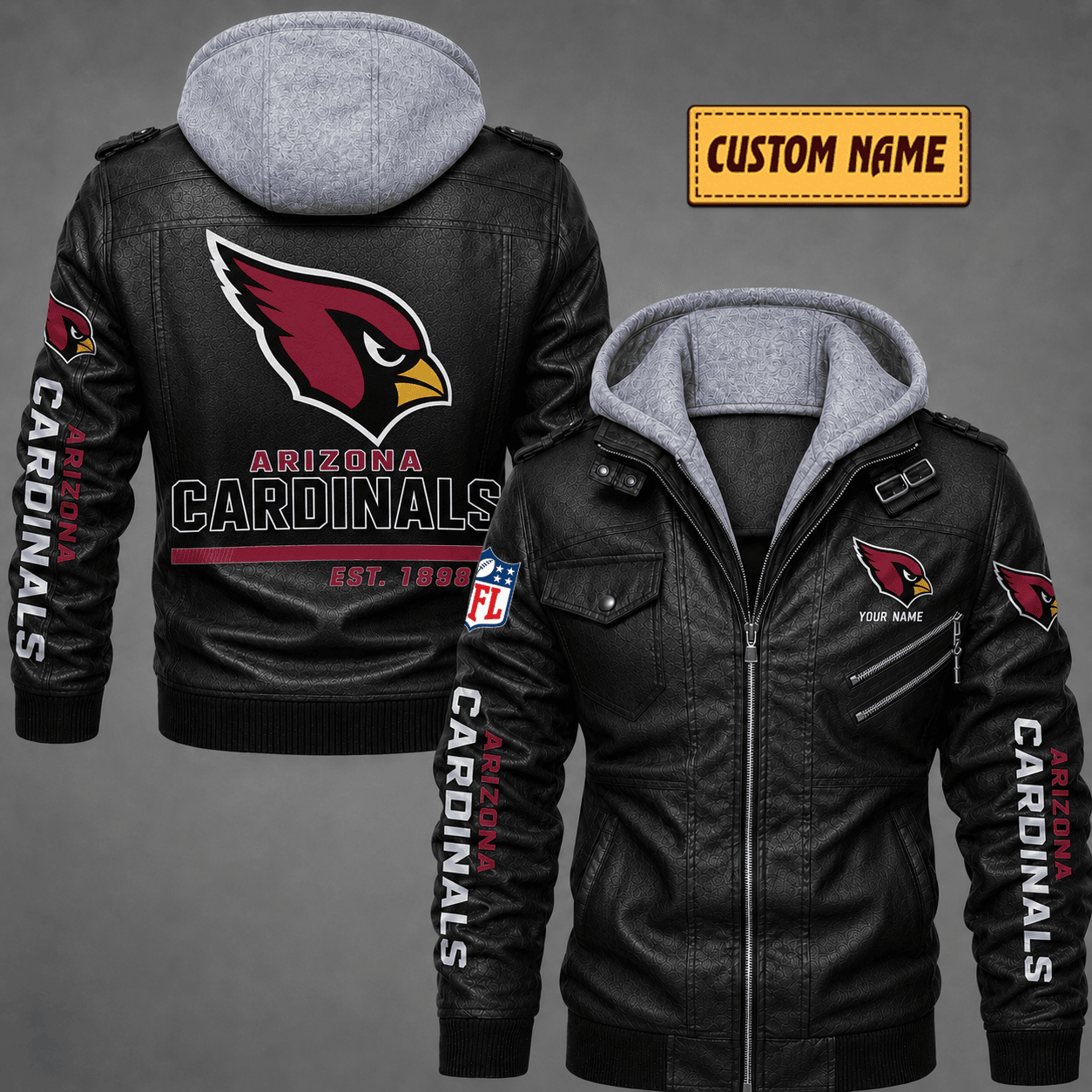 Premium & Ultra-Thick Leather Jacket with Fleece Hood - Arizona Cardinals VA2126