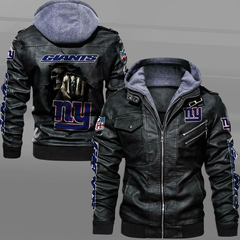 New York Giants HVKC1661 - Premium & Ultra-Thick Leather Jacket with Fleece Hood