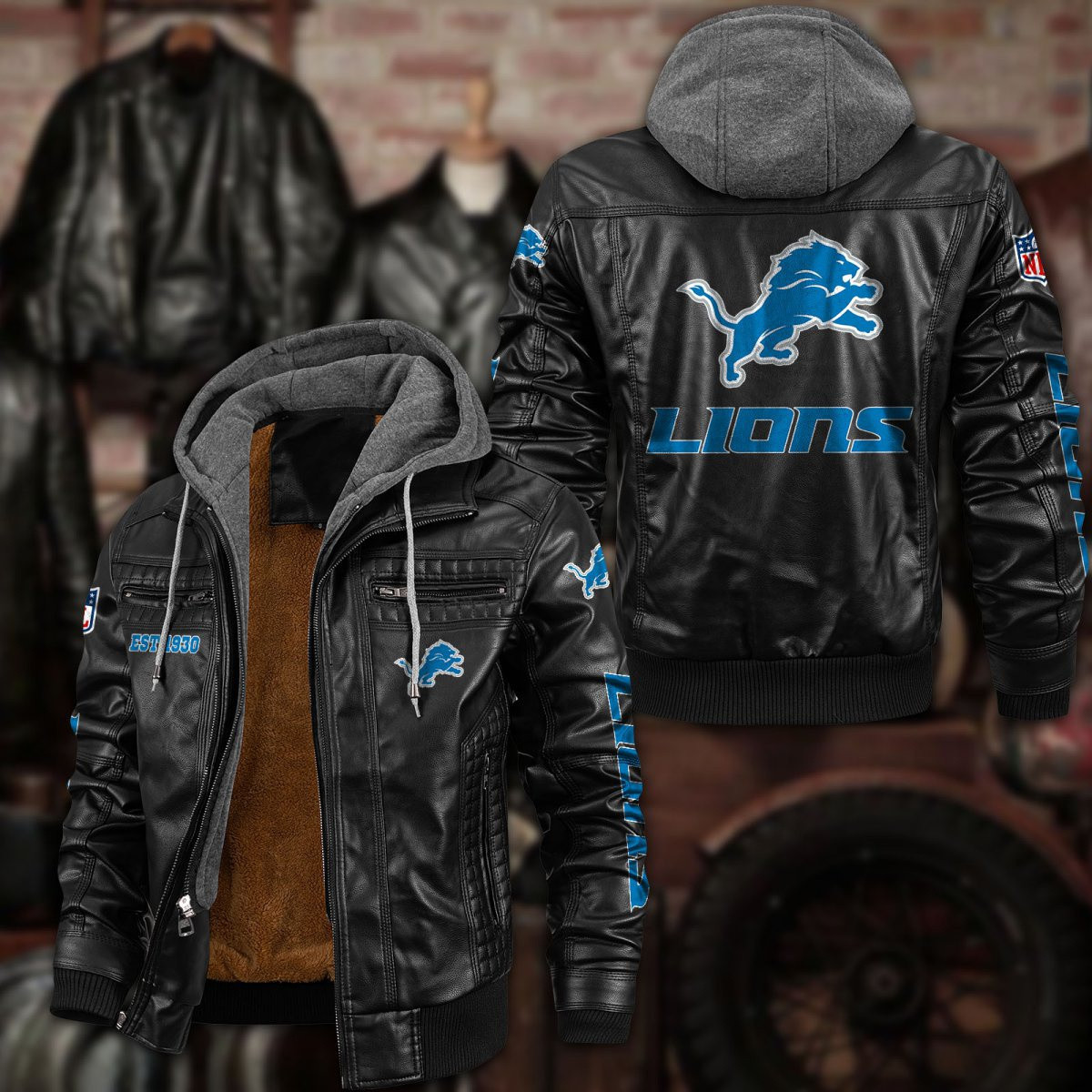 Premium & Ultra-Thick Leather Jacket with Fleece Hood - Detroit Lions PHVKC011