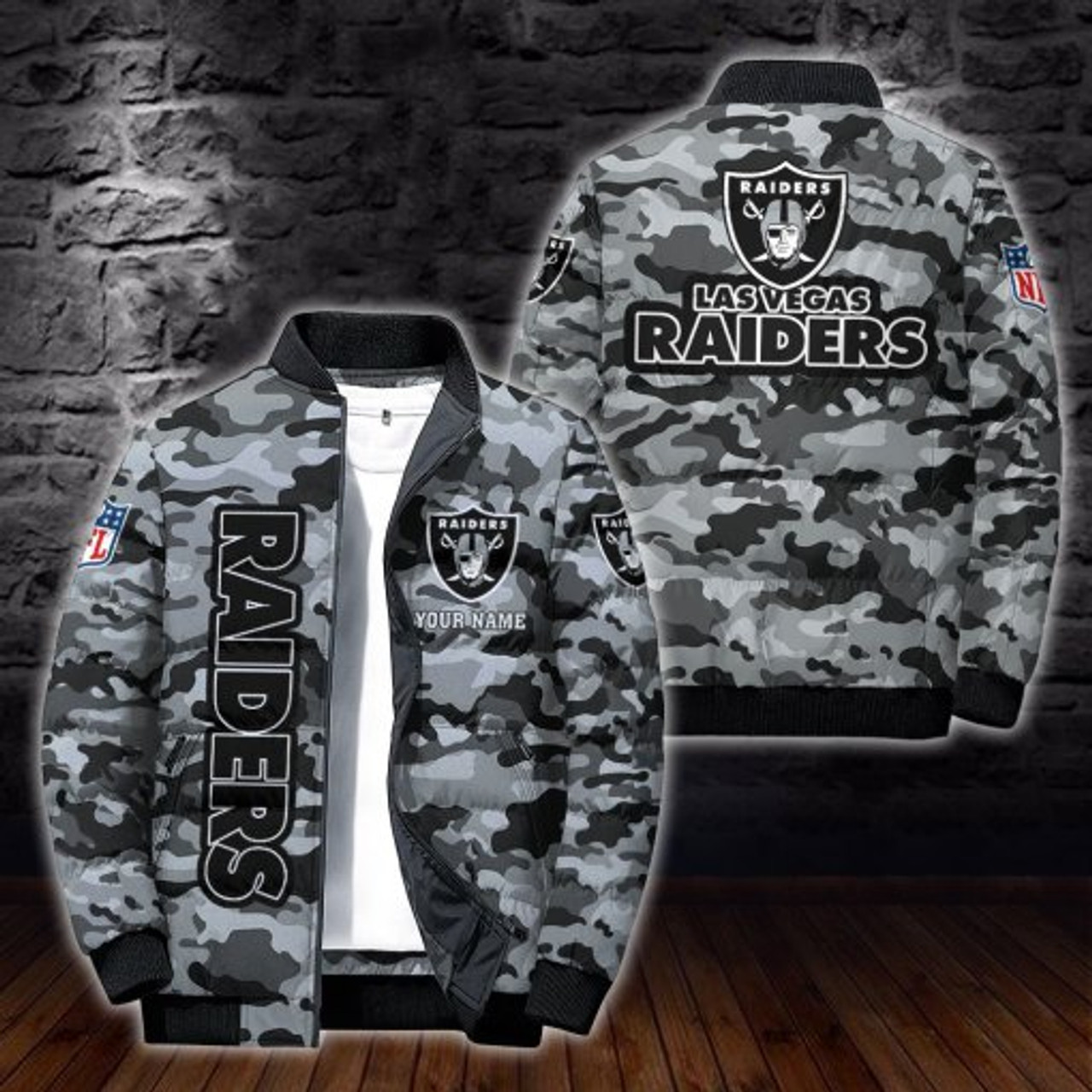 NFL.LAS-VEGAS-RAIDERS-TEAM-SPORT-CAMO.PUFFER-JACKETS YTFF9