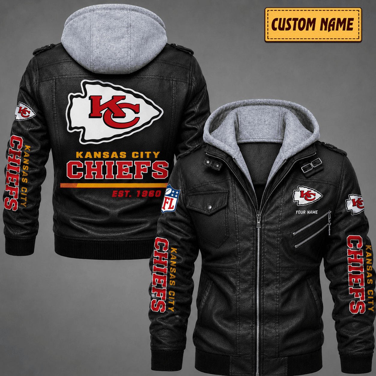 Premium & Ultra-Thick Leather Jacket with Fleece Hood - Kansas City Chiefs VA2111