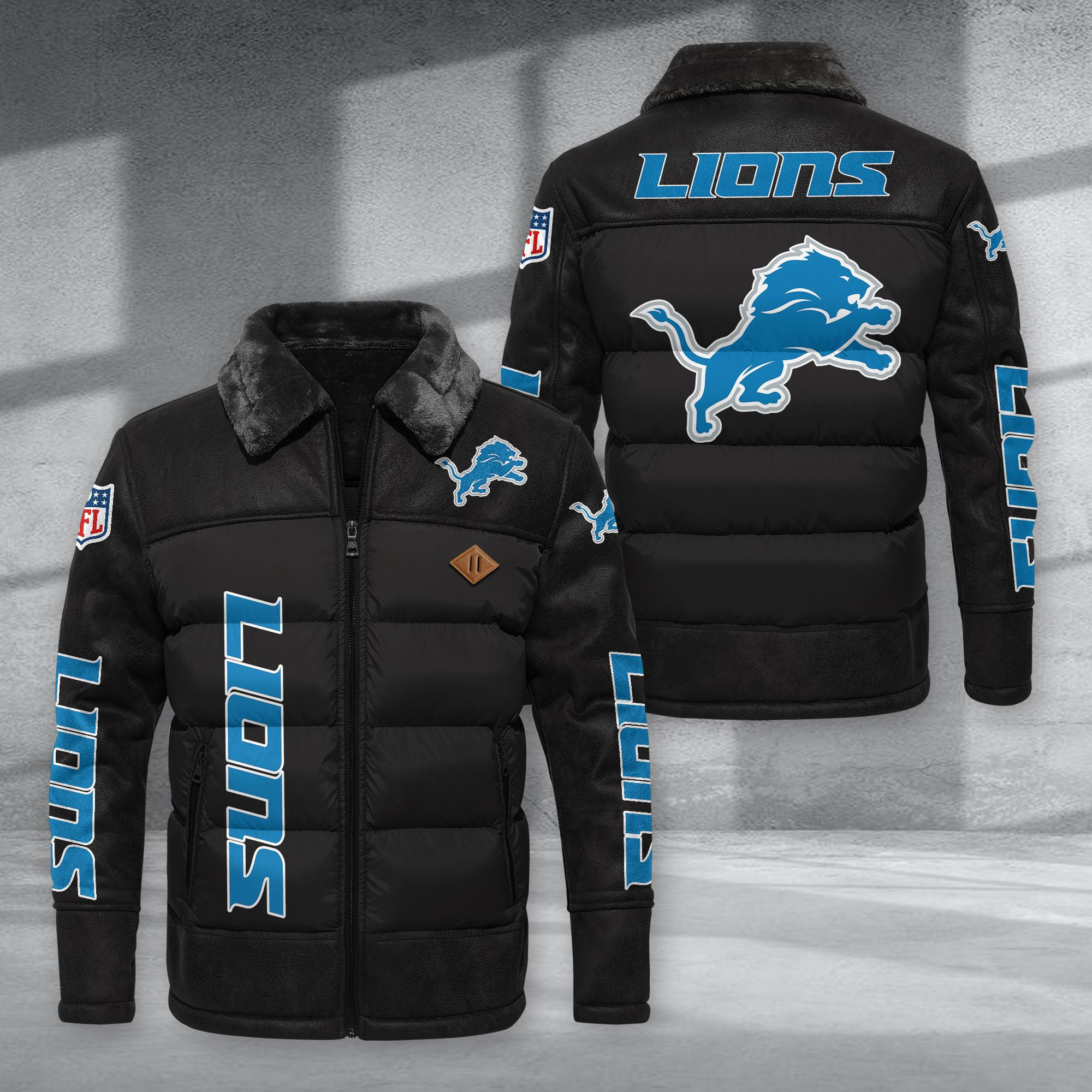 Detroit Lions Fur Collar Leather-Look Puffer Jacket PURJD012