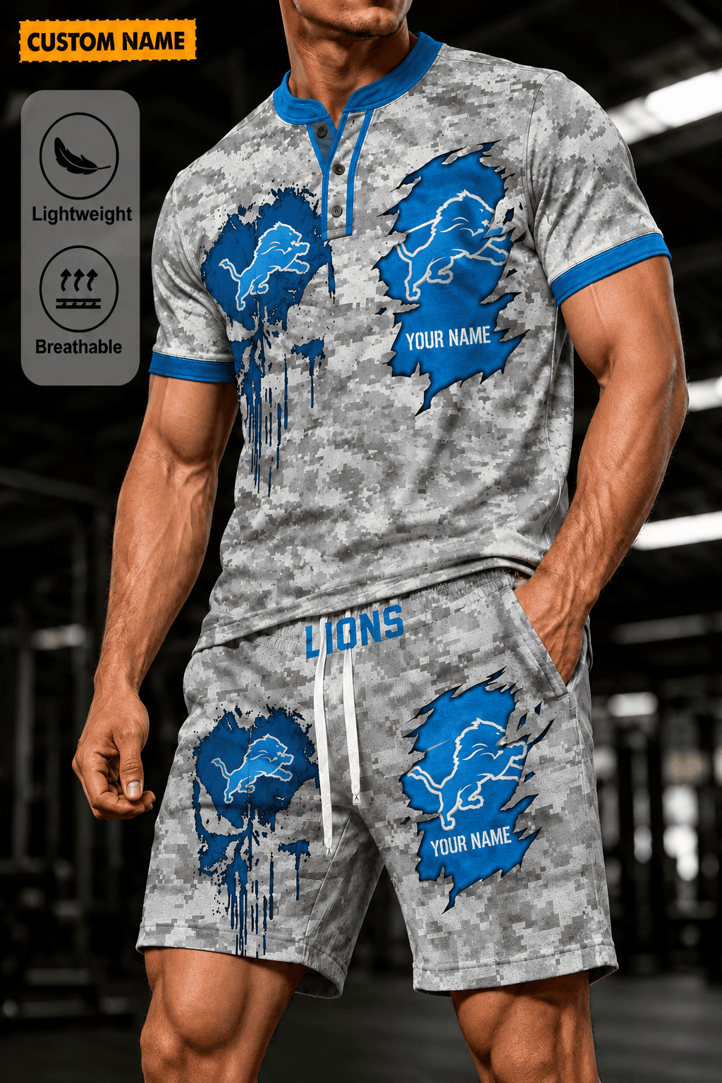 Detroit Lions Men’s Button Neck T-Shirt and Short Set New Design 2026 Shirt And Short BSP951