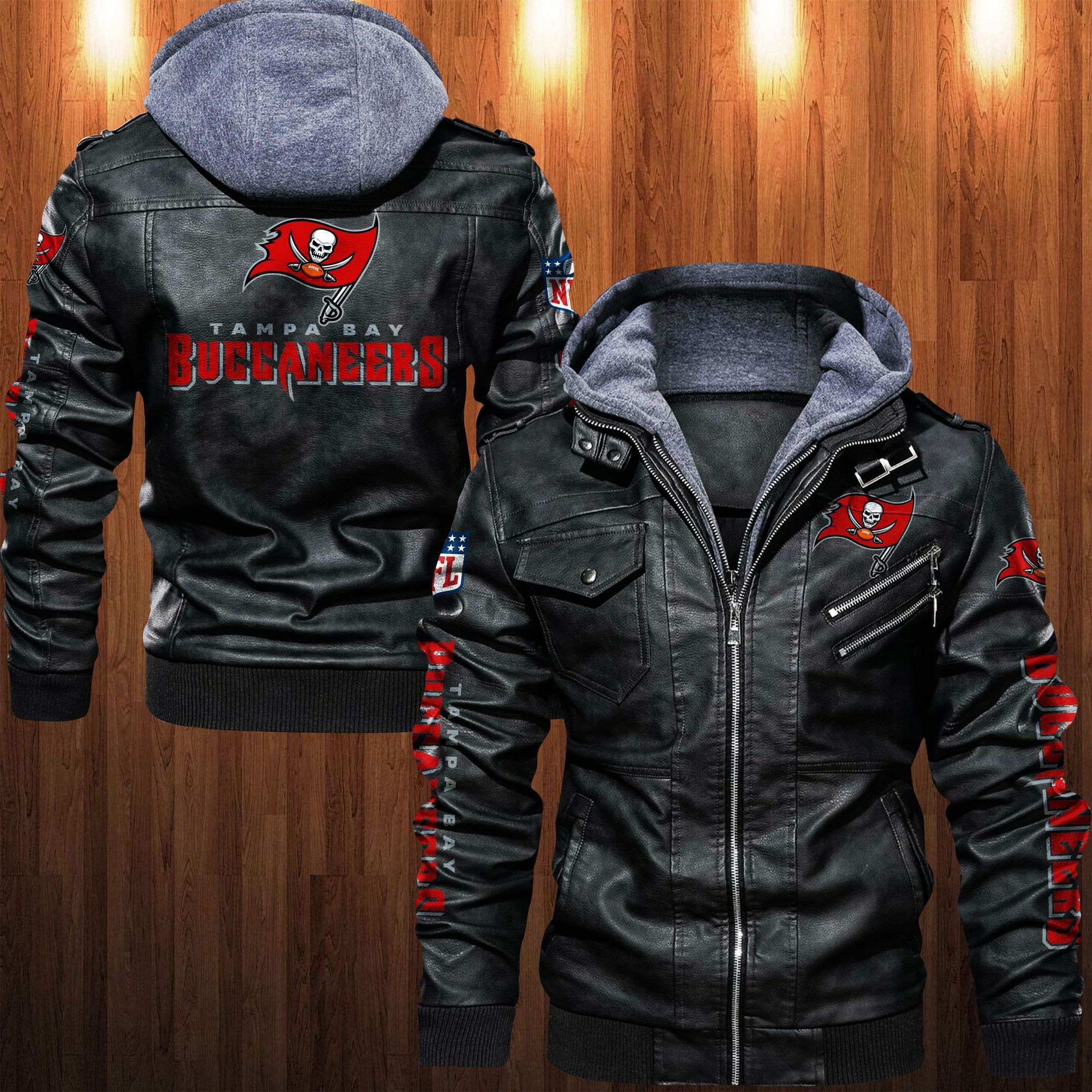 Tampa Bay Buccaneers HVKC1262 - Premium & Ultra-Thick Leather Jacket with Fleece Hood
