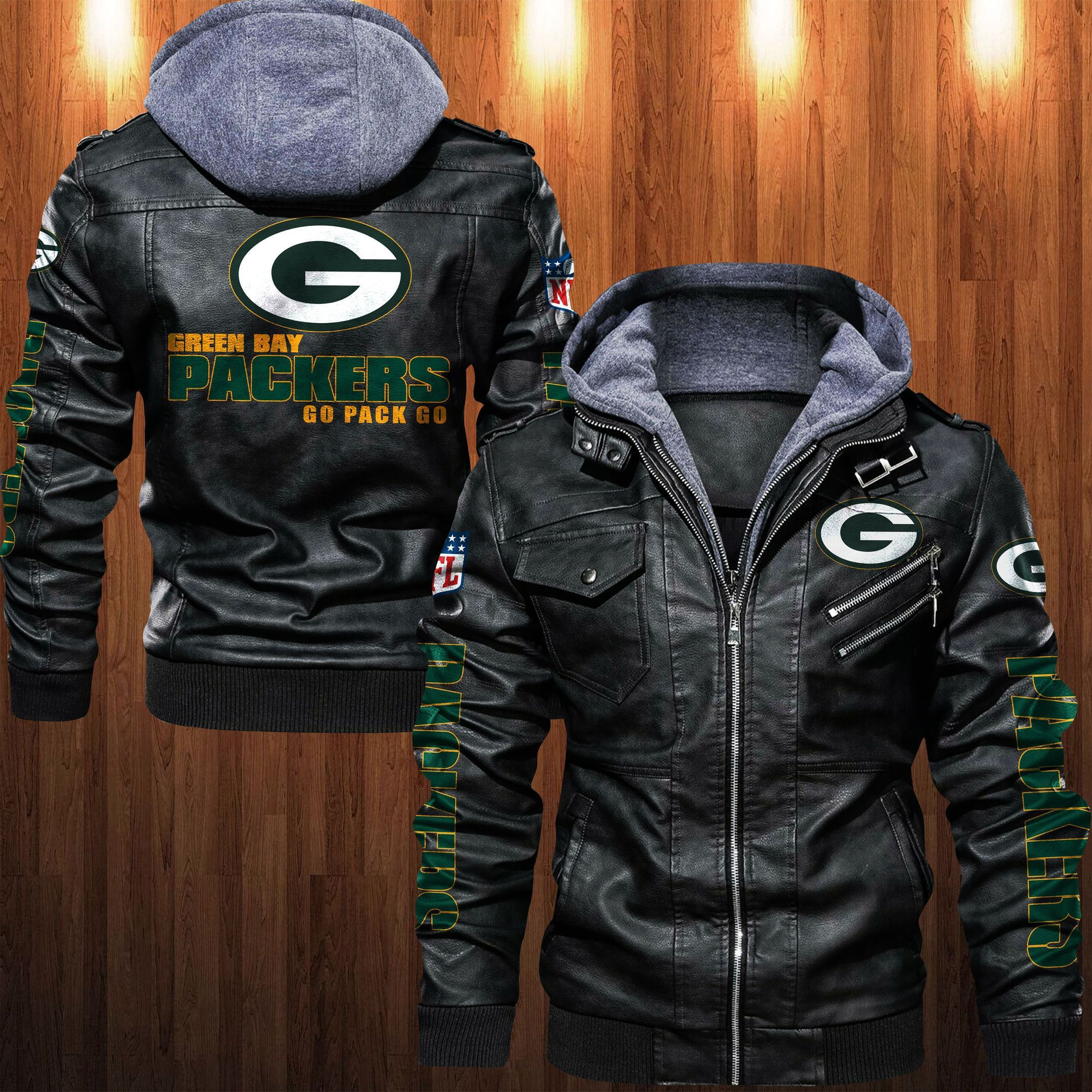 Green Bay Packers HVKC1245 - Premium & Ultra-Thick Leather Jacket with Fleece Hood