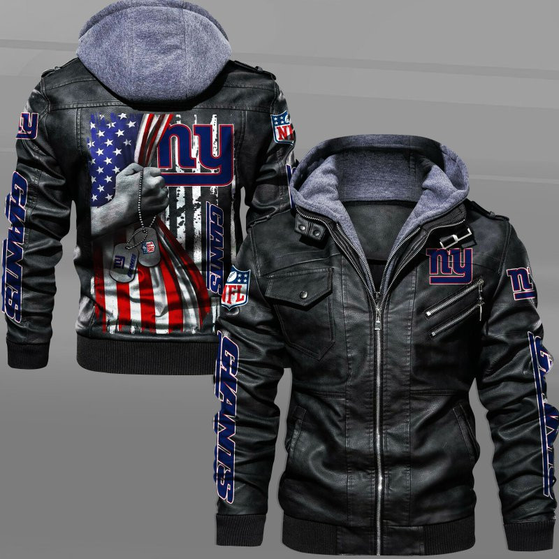 New York Giants HVKC7071 - Premium & Ultra-Thick Leather Jacket with Fleece Hood